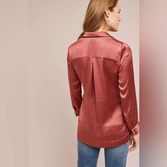 MOULINETTE‎ SOEURS by ANTHROPOLOGIE Satin Wrap Blouse in Peach Peche - Picture 3 of 14